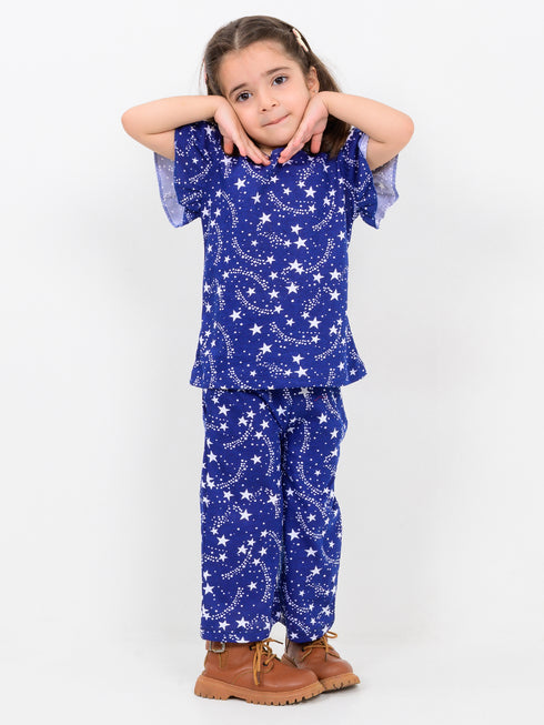 Frill Sleeves Starlight Dreams Cotton Trouser Set (Galaxy Indigo)